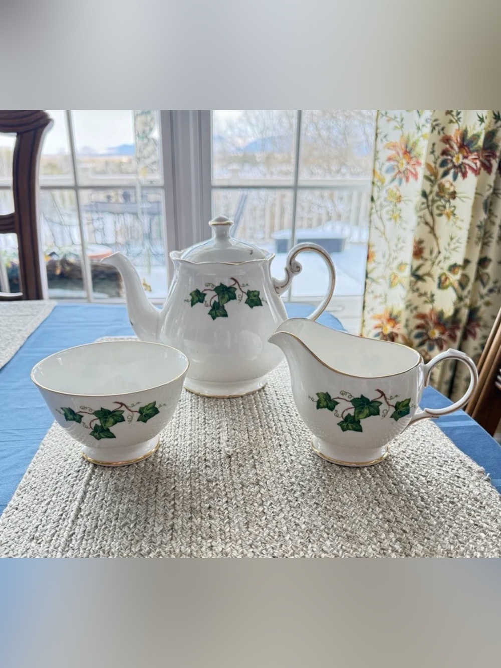 Vintage White Porcelain Tea Set with Green Ivy Motif and Gold Trim